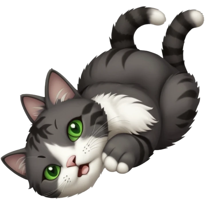 dark grey cat with green eyes, white toes/paws and white patch on her chest playfully rolling upside down emoji