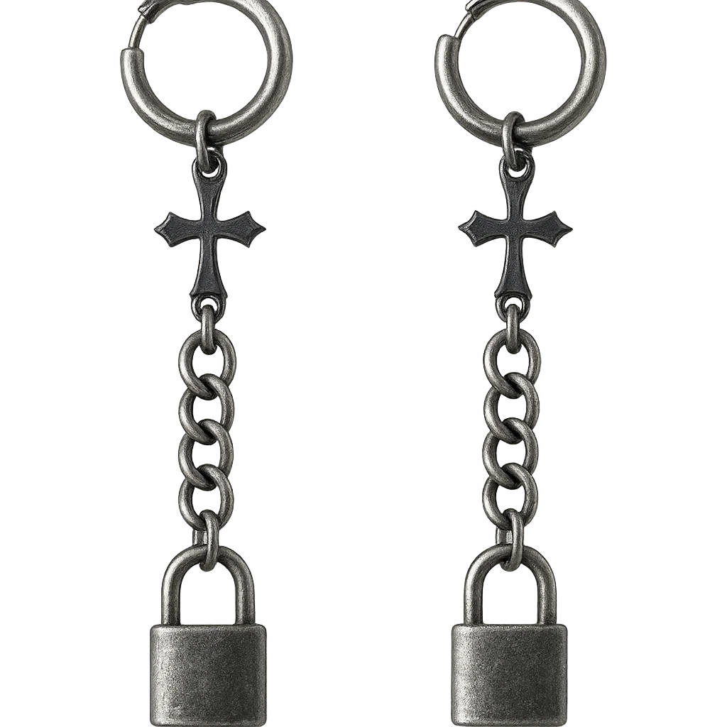 goth earrings, chain and padlock, punk gothic, metallic emoji