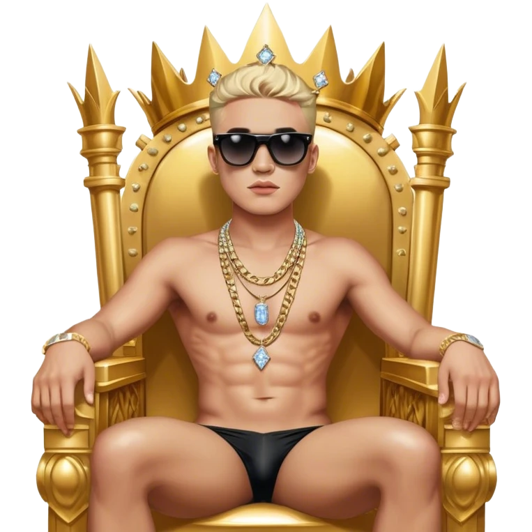 Josh King Madrid, designer fit, diamond chain, seated on a massive gold throne, sunglasses on, instagram bikinis model beside him. emoji