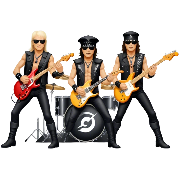 Icon for Rock Music: Scorpions live concert on stage with electric guitars, drums, and a powerful spotlight. Klaus Meine at the microphone, Rudolf Schenker and Matthias Jabs playing guitars, dynamic stage presence, and electric energy. Transparent background. emoji