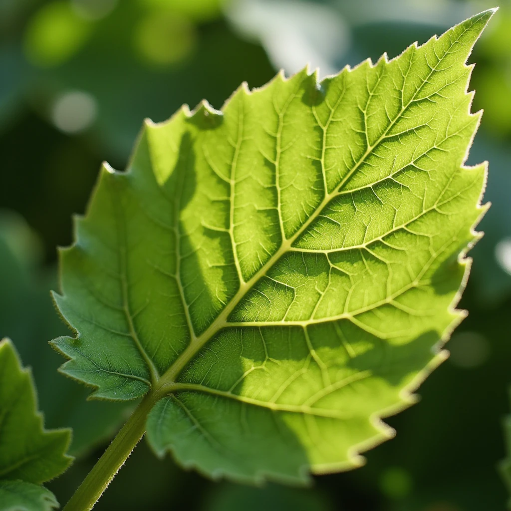 realistic close-up of a green leaf with visible veins, sunlight shining on it, no background, transparent emoji