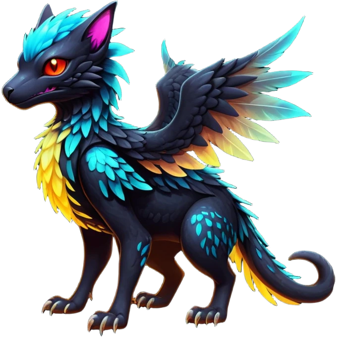 Black Dark Exotic Tropical Beaked Feathery Nocturnal Neon-glowing Abyssal Nightly Abyss-Cat-Gryphon-Salandit-Silvally-akémon Creature (full body) emoji