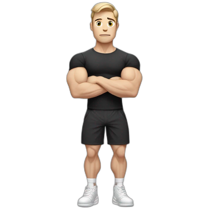 Confused Pale skinned Fit Man With the biceps and dark brown hair in black shirt, gray sports shorts and white Sneakers emoji