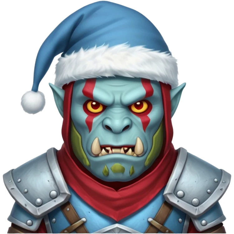 
Fantasy Christmas orc legion soldier icon, iron tundra army theme, heavy winter armor, disciplined brutal look, icy blue steel armor with deep crimson accents, frozen metal texture, cold winter atmosphere, male variant emoji