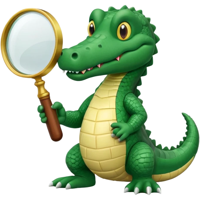 A claymation-style academic alligator holding a magnifying glass. The background is a solid white circle emoji