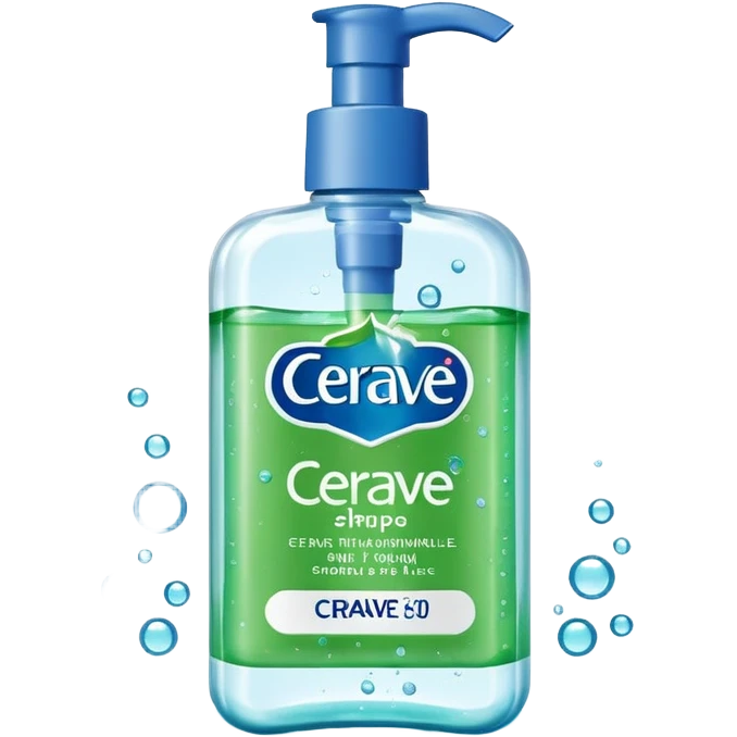 `CeraVe-shaped white rectangular pump bottle with soft green label and blue “CeraVe” stripe. Surrounded by floating water bubbles, glowing light particles, and a gentle green mist. Feels like a calm hydration spell in a bottle. Clean, glossy, emoji-style.`
 emoji