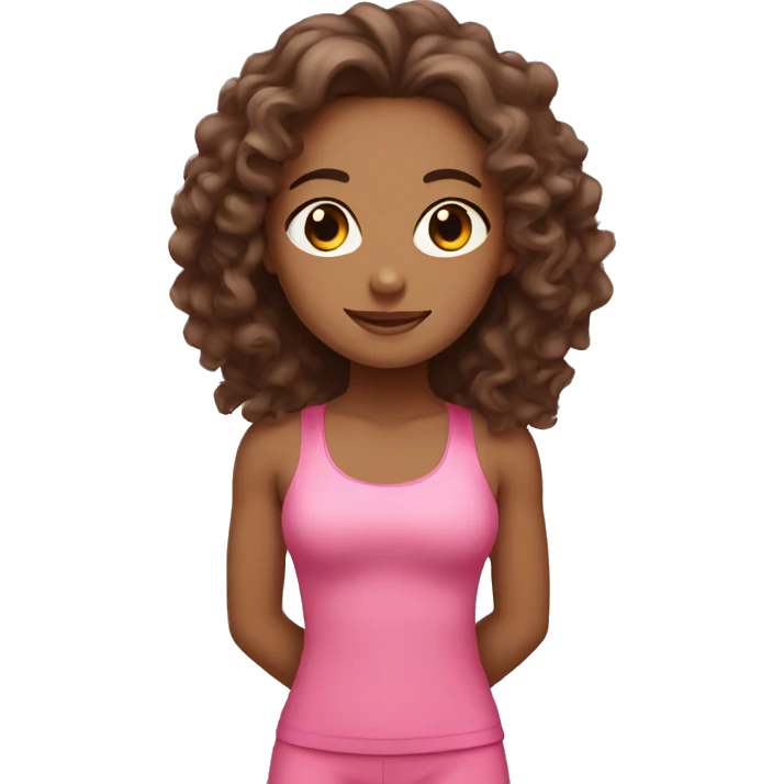 yoga girl in pink suit with curly long hair and brown eyes  emoji