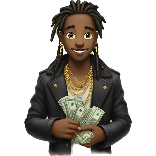 young hustler with dread lock hair with lots of money in both hands wearing jewelry  emoji