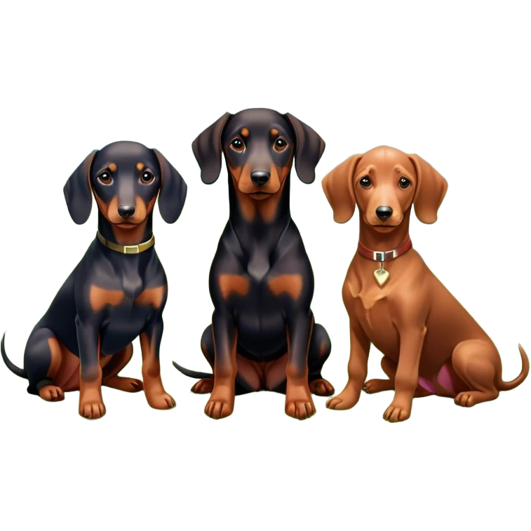Close-up of a Doberman Pinscher, a Dachshund and a Poodle sitting together on lush green grass. The background features a beautiful, serene nature view with rolling hills and bright blue skies. The dogs' sleek coats shine under the sun. Transparent background. emoji