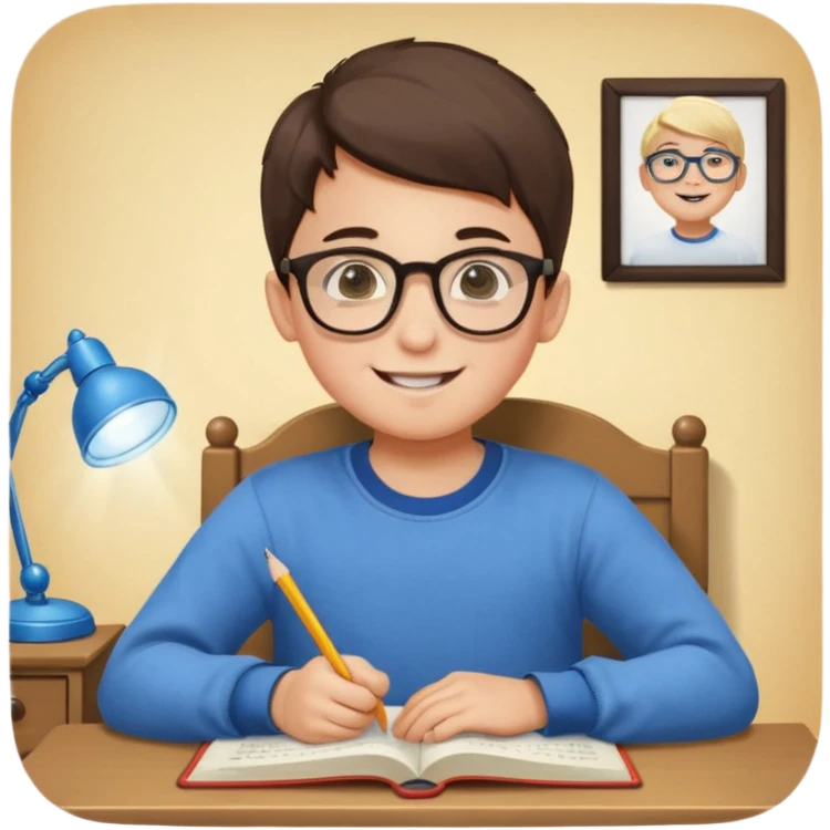 un niño de entre 3 - 10 años estudiando ingles, un destello de luz o colores más vivos para el niño que estudia en su habitacion feliz  emoji