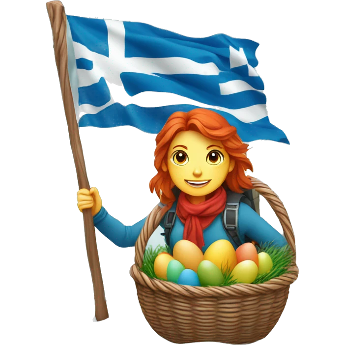 red hair female winter mountaineer climbing with Easter eggsbasket and Greek flag emoji