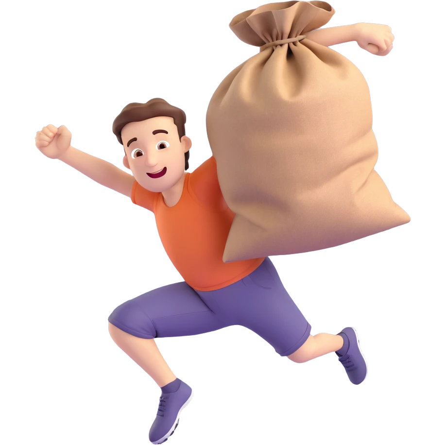 3D style man jumping inside a sack, grabbing the sack with both hands, energetic, cheerful expression, simple background emoji