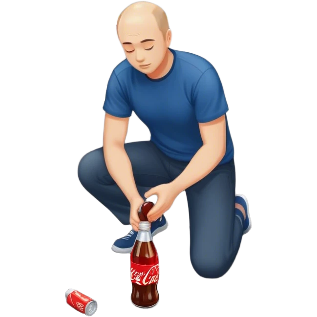 Balding guy, dark blue shirt, kneeling to pick up a coke bottle in a parking lot emoji