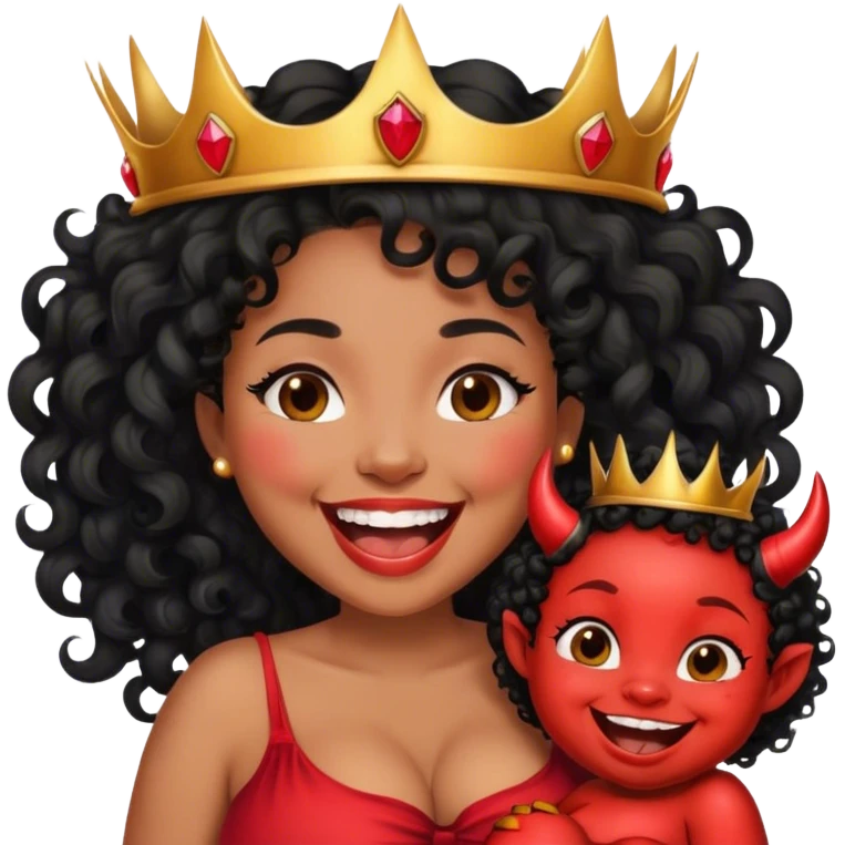Pregnant brunette black curly hair laughing with devil crown  emoji