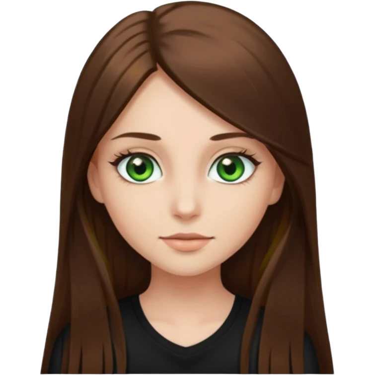 A girl with long straight brown hair, green eyes, and long eyelashes wearing a black top emoji