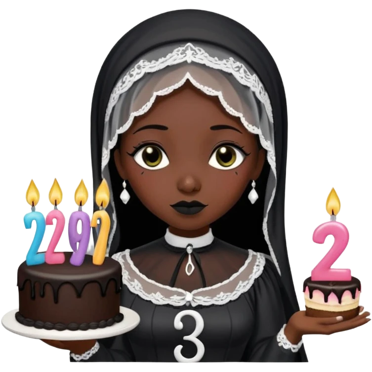 Emoji-style illustration of a cute sarcastic woman, black mourning dress and veil, holding a birthday cake with number 29 candles, ironic expression, RIP 20s theme, flat design, bold outlines, pastel gothic colors, high resolution, clean background, perfect for profile picture emoji