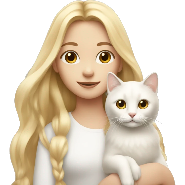Girl with long blond hair holding a white cat emoji