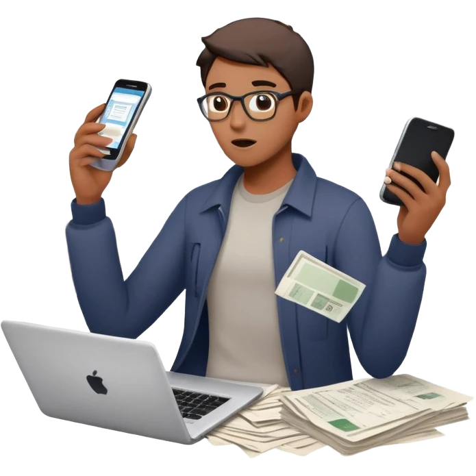 person holding a phone in one hand, laptop open in front, storm of receipts, invoices, and reminders swirling around, multitasking chaos emoji