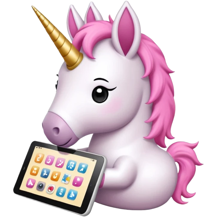 Emoji WhatsApp di un unicorno di peluche bianco con corno rosa, cuffie nere e e-reader. Stile vettoriale pulito, forme arrotondate, colori morbidi, espressione dolce, sfondo trasparente. emoji