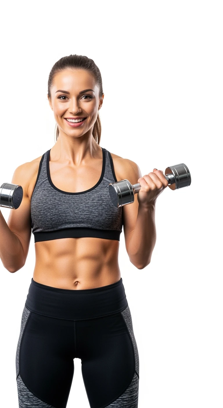 donna fitness felice con manubri da palestra in mano, iperrealistico 4k, sfondo bianco emoji