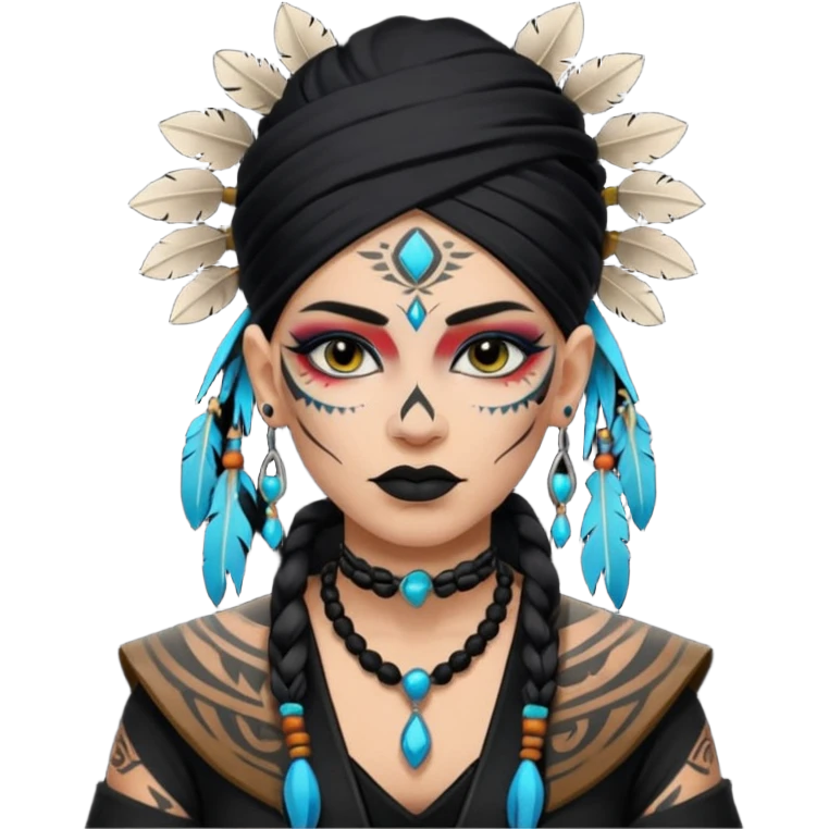 white shaman woman black clothes black accesories face tattoos emoji