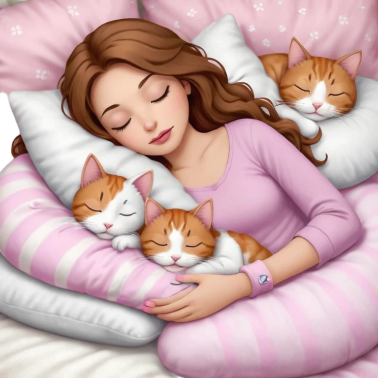 girl with long wavy brown hair, brown eyes, long lashes makeup, sexy pink lips, light to medium complexion,  sleeping on a cozy pillow, with 6 cats: 1 brown and white tabby cat, 1 ginger and white, 2 grey and white, 1 grey with white mittens and small white patch on chest and 1 calico, sleeping emoji