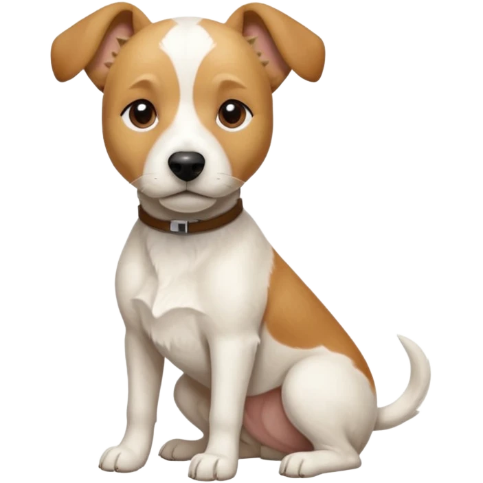 a full body facing front on of a buff white beagle cross jack russell terrier looking dog the size of a kelpie with light brown long ears resting on its face and a light brown patch above one eye and a large snout. the rest of the dog is completely white.  emoji
