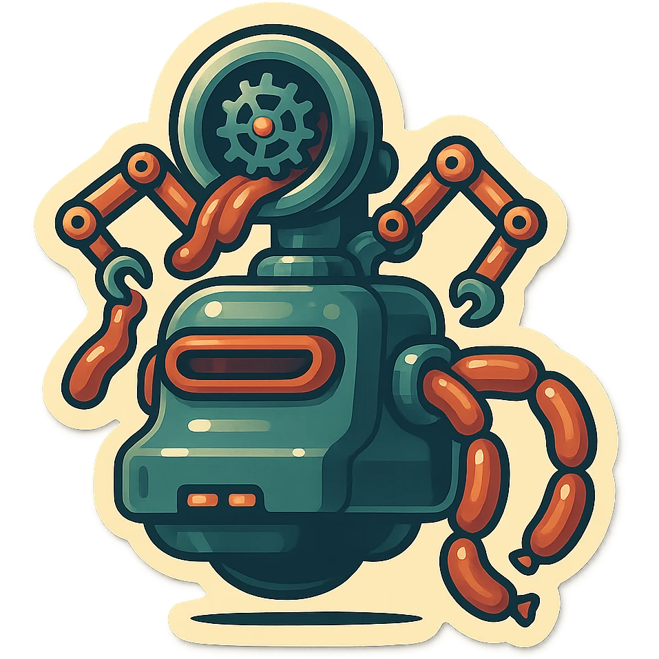 sausage-processing droid. retro-futuristic style. top is a large circular industrial grinder rotating gears and blades. Two robotic arms feed material into grinder. Sausage links extrude from the rear like  factory. The body is metallic, compact, and floats above the ground.no legs. Dark humor emoji