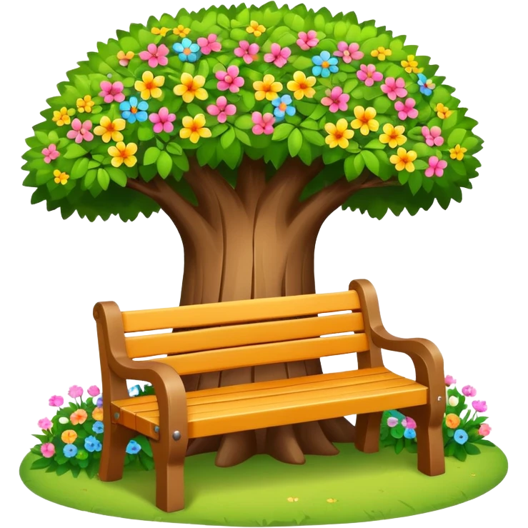 cheerful bench under a tree, small flowers nearby, clean and friendly emoji