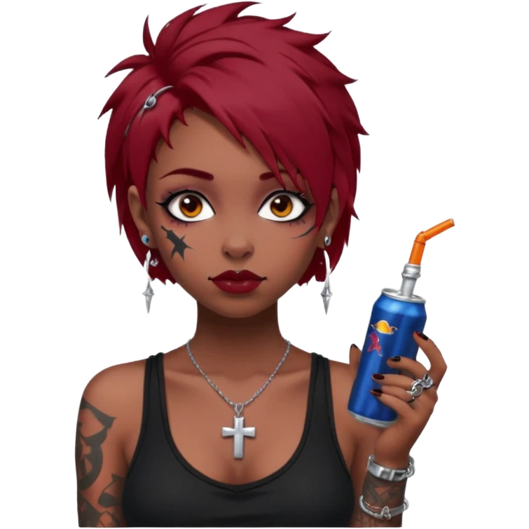 generate an ios genmoji of a girl with dark red messy hair with eyeliner on her eyes.  septum piercing, wearing a cami black top, has tattoos, on shoulders. ear piercings. wearing a cross silver necklace. Holding a redbull. dusky skin color.  emoji