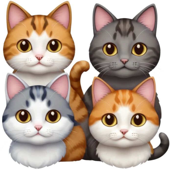 4 different coloured short haired cats including; a dark brown tabby and white cat, and a dark grey and white  emoji