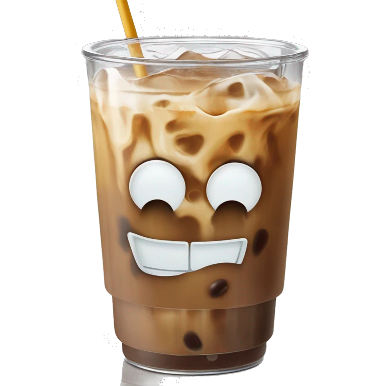 Iced coffee in a libbey cup (beer glass can) with bamboo lids and straw. There is printed  on the mug  emoji