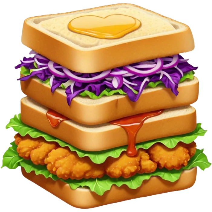 Burning hot, spicy,  stacked chicken sandwich — two thick golden toast slices, a crispy breaded chicken fillet, green lettuce, and purple cabbage slaw, with glossy dark sauce dripping down the sides. emoji
