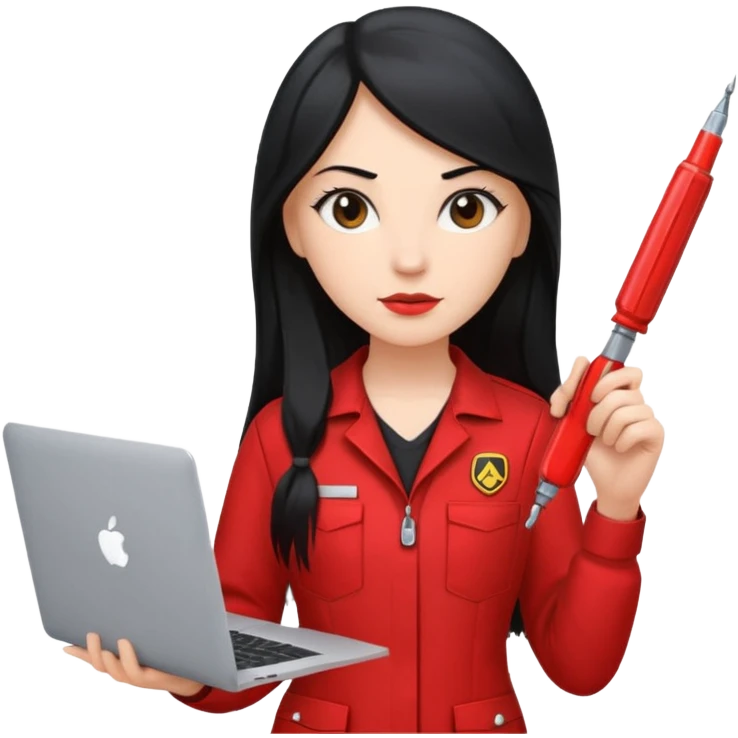 Gere um emoj estilo IOS de uma garota branca, de longos cabelos pretos vestida com um uniforme vermelho de mecanica,ela segura em uma das maos uma chave de fenda e na outra um mackbook emoji