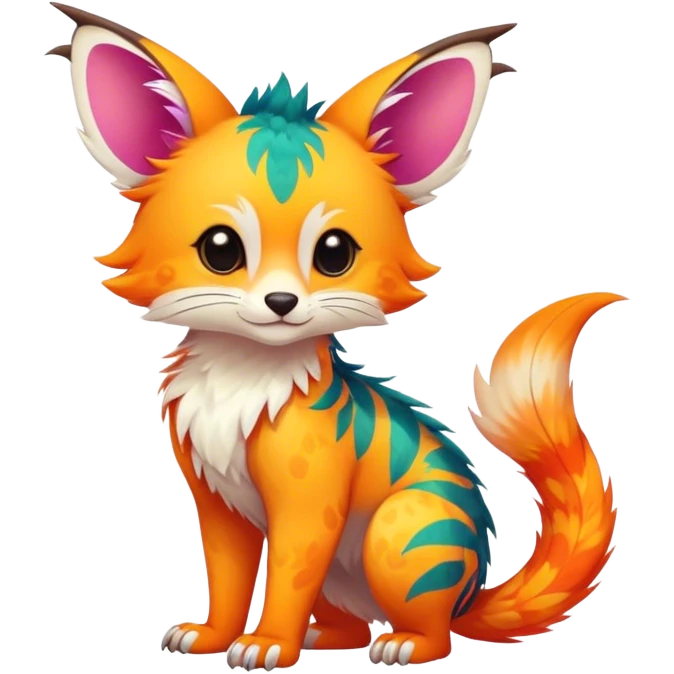 Feral Rare Fantasy vibrant colorful tropical cute, kawaii, cool, ed Vernid-Trico-species by LiLaiRa, random markings, tufted tail, tufted ears, full body, cheek markings emoji