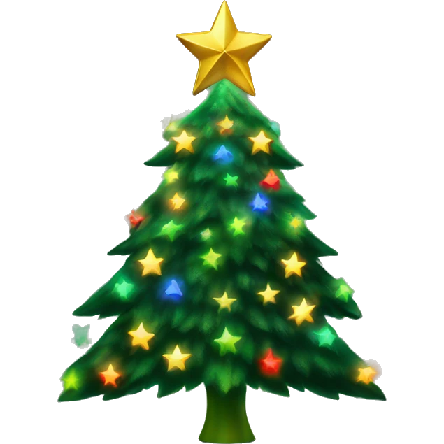 Green Christmas tree with rainbow lights and gold star on top emoji