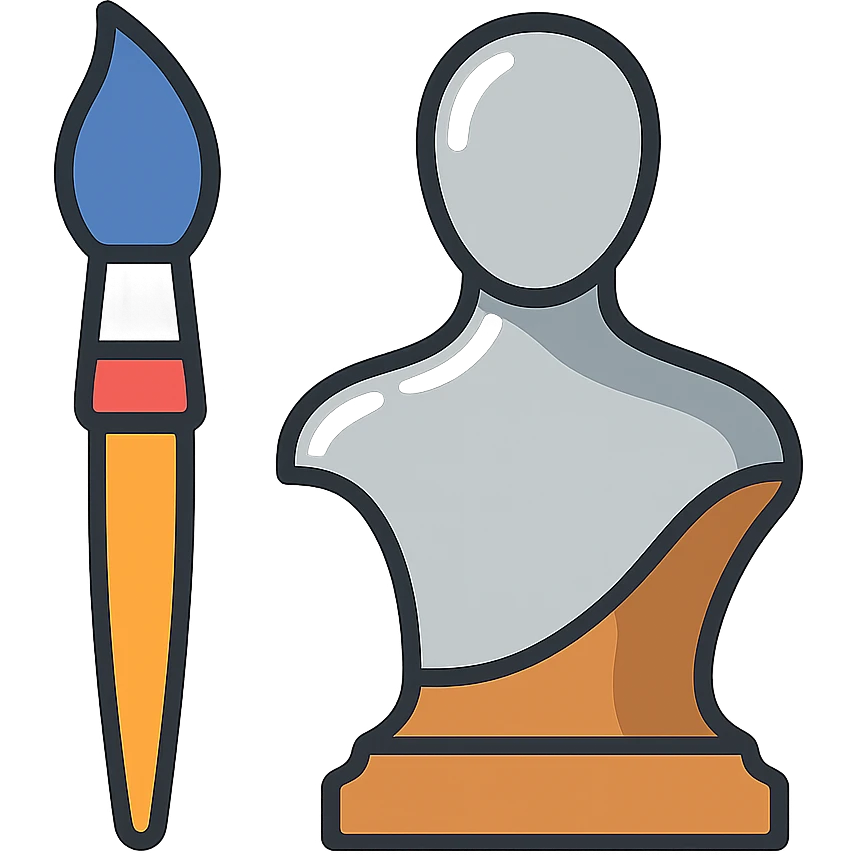A paintbrush transforming into a silver and bronze metallic human figure sculpture, artistic identity symbol, with reflective surface emoji