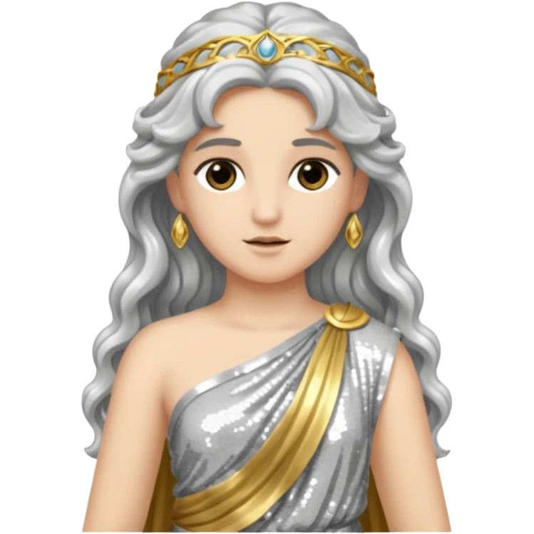 Diana from Roman Deities with long silver wavy hair, silver sequin toga emoji