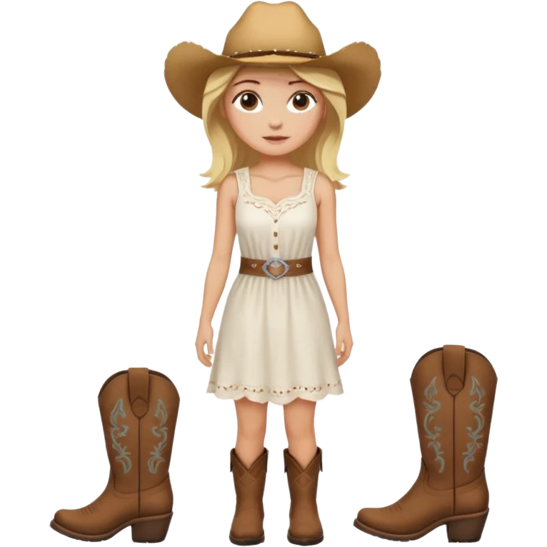 Please give me the woman standing emoji with a peach skin tone, medium length blonde hair, and dark brown eyes. Please make her wear a white sundress and brown cowgirl boots emoji
