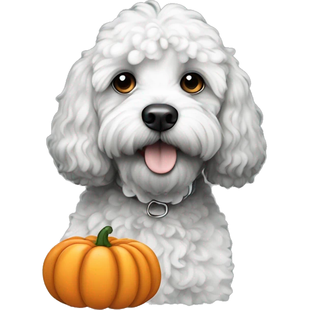 black and white doodle cockapoo with a pumpkin emoji