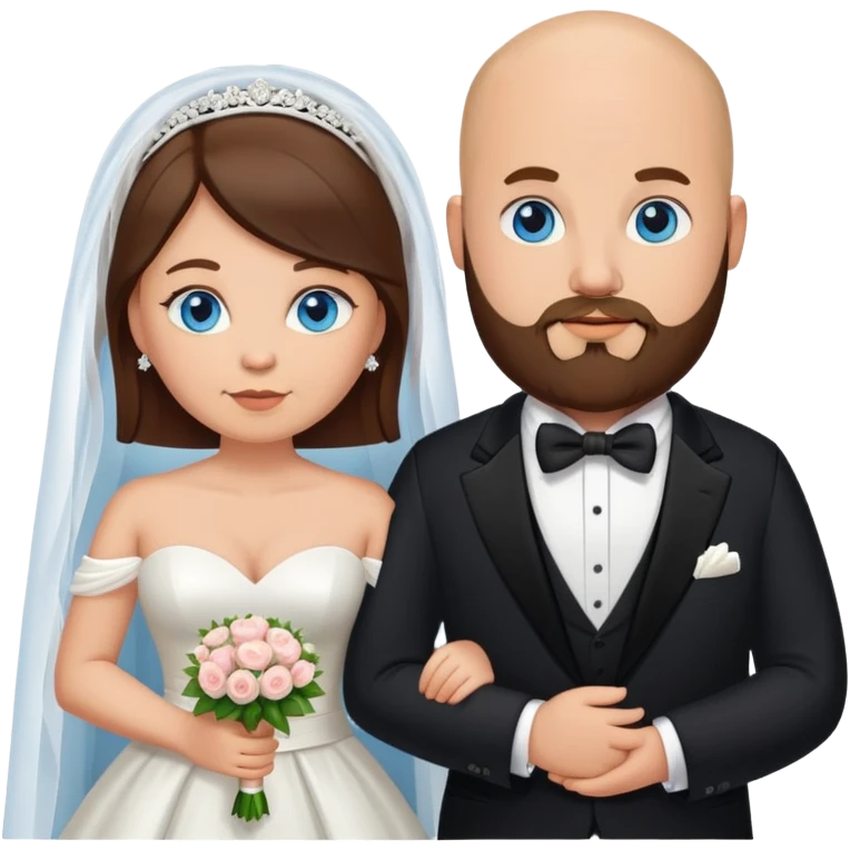blue-eyed overweight bald man with a beard in a tux and brunette bride emoji