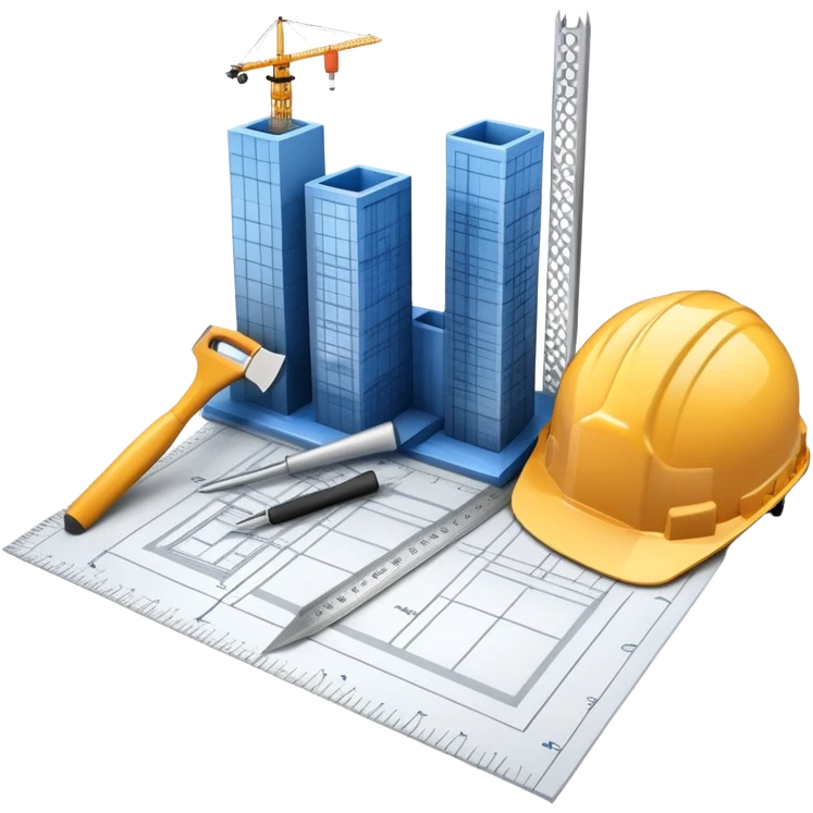 An icon featuring a blueprint, a hard hat, and construction tools, symbolizing architecture and construction. The design includes a ruler, building materials, and a skyscraper, representing the design and building process. Transparent background highlights the art and science of creating structures. emoji