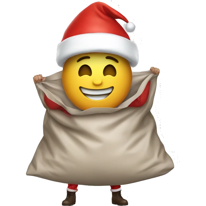 A guy with a huge plastic bag in a Santa costume emoji