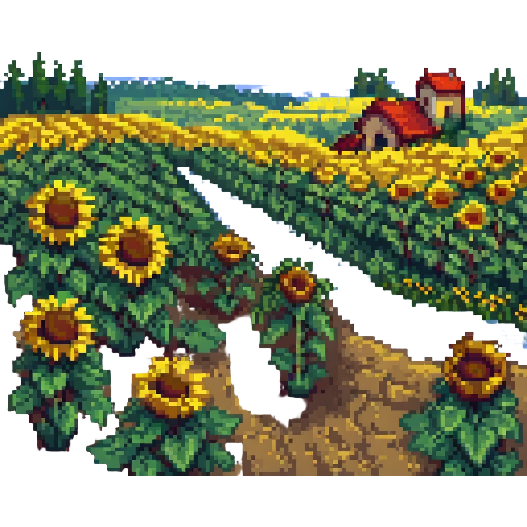 Ukrainian landscape with sunflowers in pixel art style, bright and colorful emoji