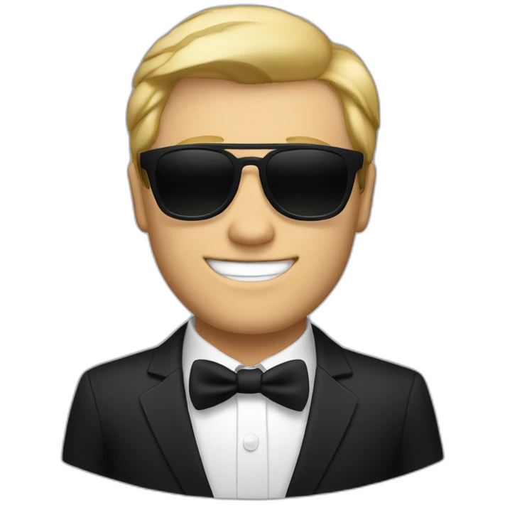white guy in black suit with blonde hair and blac non-shinethrough sunglasses emoji