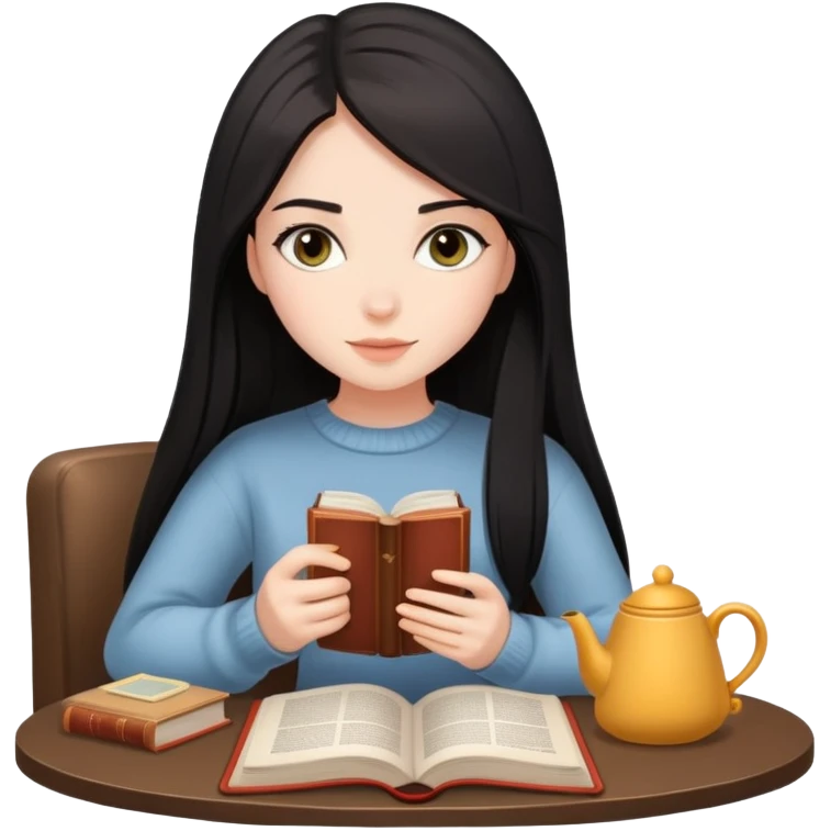 Brunette girl, black straight hair, grey eyes, cozy with tea and book emoji