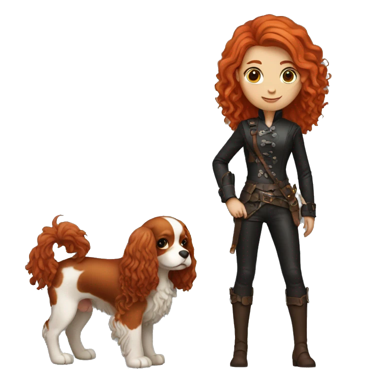 red-haired girl in leather holding a Cavalier emoji