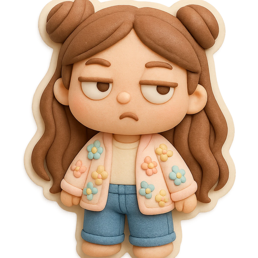 3D chibi girl in fondant cake art style, high-quality rendering with smooth shadows and soft gradients, long brown hair in two space buns, brown eyes, jeans, pastel floral cardigan, thick white outline like a sticker, transparent background, rolling her eyes like oh please, preserve facial features from reference image emoji