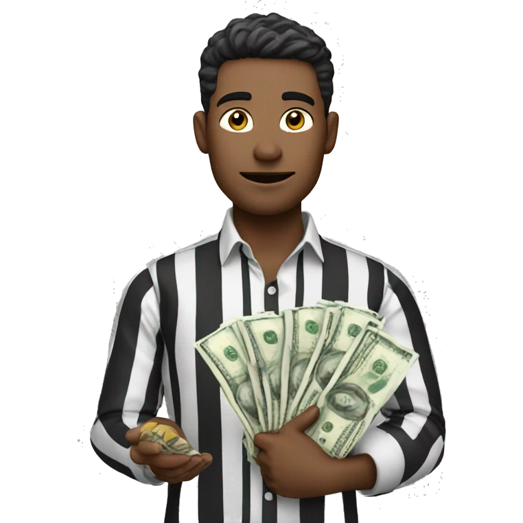 Man wearing white and black striped shirt holding money bag ￼ emoji