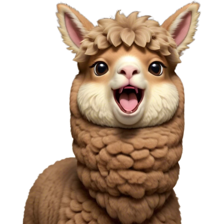 Cinematic Cute Yawning Brown Alpaca Portrait Emoji, Head tilted slightly with a dramatic, wide-open yawn, showcasing a soft, plush brown fleece with gently drooping ears, round warm eyes barely open in drowsy contentment, Simplified yet irresistibly adorable features, highly detailed, glowing with a soft, cozy glow, high shine, relaxed yet expressive, stylized with a touch of whimsy, bright and endearing, soft glowing outline, capturing the essence of a sleepy yet affectionate alpaca, so drowsy it feels like it could stretch out of the screen and curl up for a nap! emoji